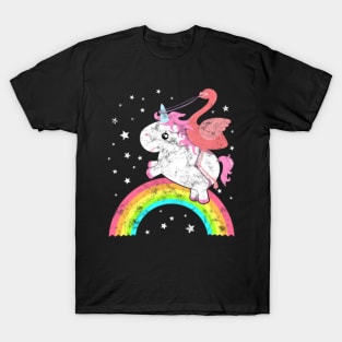 Cute Funny Unicorn Flamingo Riding Rainbow Awesome T-Shirt